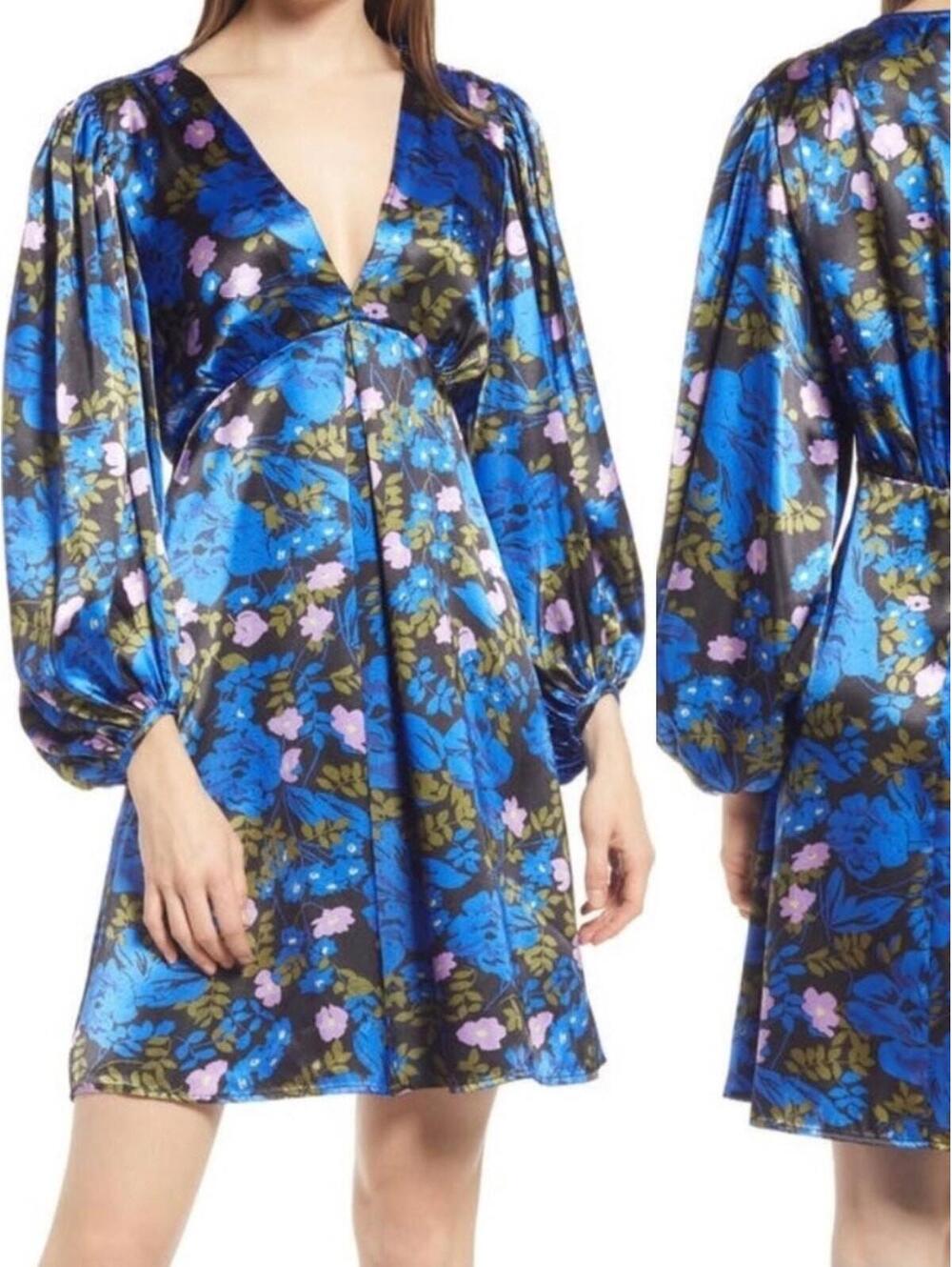 Vero Moda Floral Satin Mini Dress Balloon Sleeve Blue Pink M